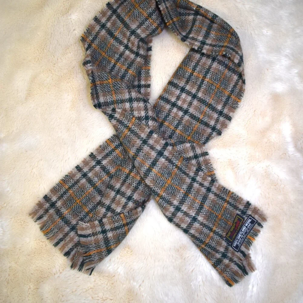 Vintage Shetland Wool Scarf Plaid Brown Green Made In Scottland